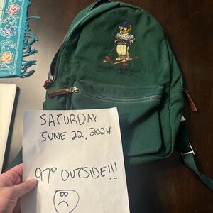 LIMITED EDITION NWT Ralph Lauren Green Canvas Backpack Polo Bear Skiing